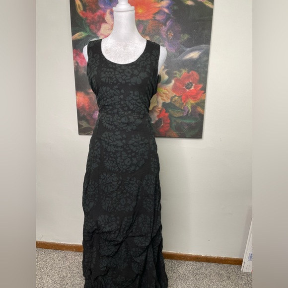 Vintage 1890s 1900s Black Goth Grunge Lace Up Corset Maxi Maid Textured Dress M - Picture 2 of 12